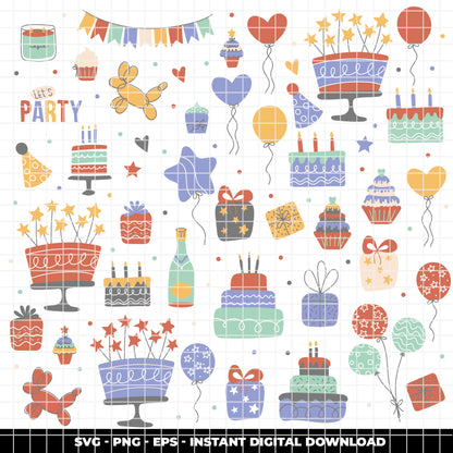 COD6304 - Birthday SVG Bundle PNG EPS, 366 Colorful Party Clipart.