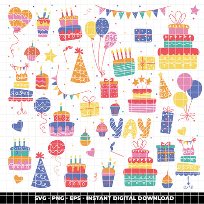 COD6304 - Birthday SVG Bundle PNG EPS, 366 Colorful Party Clipart.