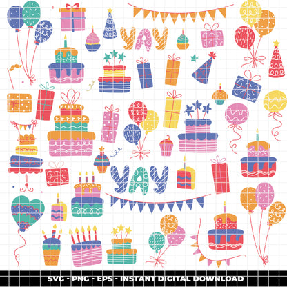 COD6304 - Birthday SVG Bundle PNG EPS, 366 Colorful Party Clipart.