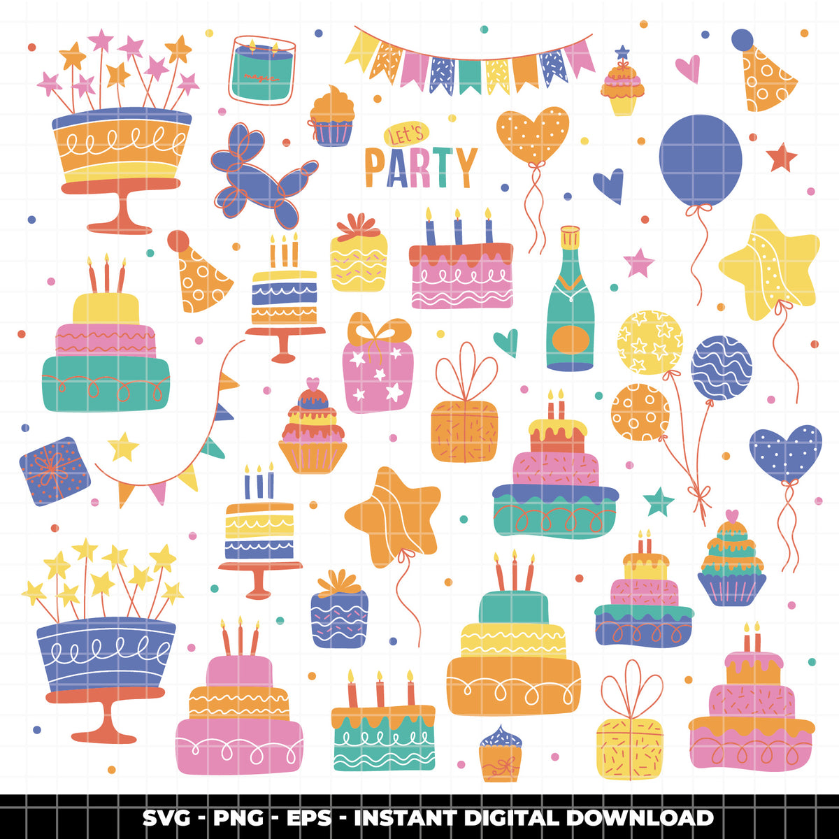 COD6304 - Birthday SVG Bundle PNG EPS, 366 Colorful Party Clipart.