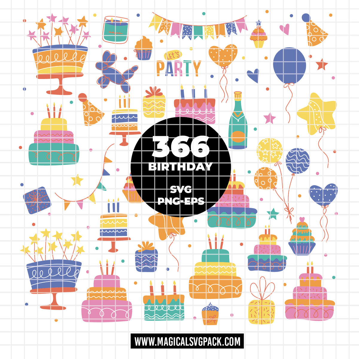 COD6304 - Birthday SVG Bundle PNG EPS, 366 Colorful Party Clipart.