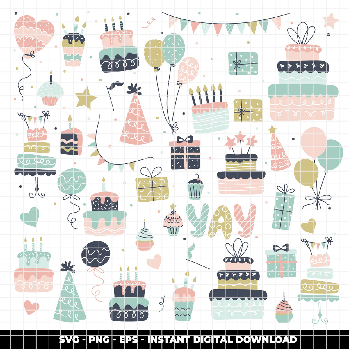 COD6305 - Birthday SVG Bundle PNG EPS, 366 Pastel Party Clipart.