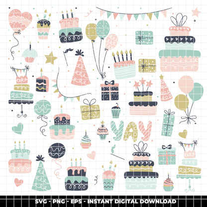 COD6305 - Birthday SVG Bundle PNG EPS, 366 Pastel Party Clipart.