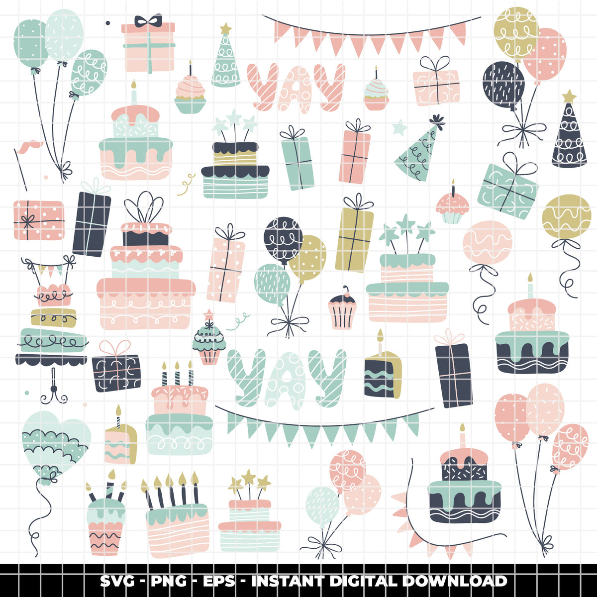 COD6305 - Birthday SVG Bundle PNG EPS, 366 Pastel Party Clipart.
