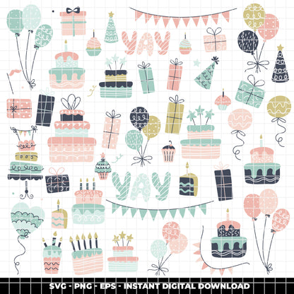 COD6305 - Birthday SVG Bundle PNG EPS, 366 Pastel Party Clipart.