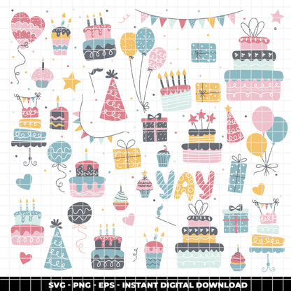 COD6305 - Birthday SVG Bundle PNG EPS, 366 Pastel Party Clipart.