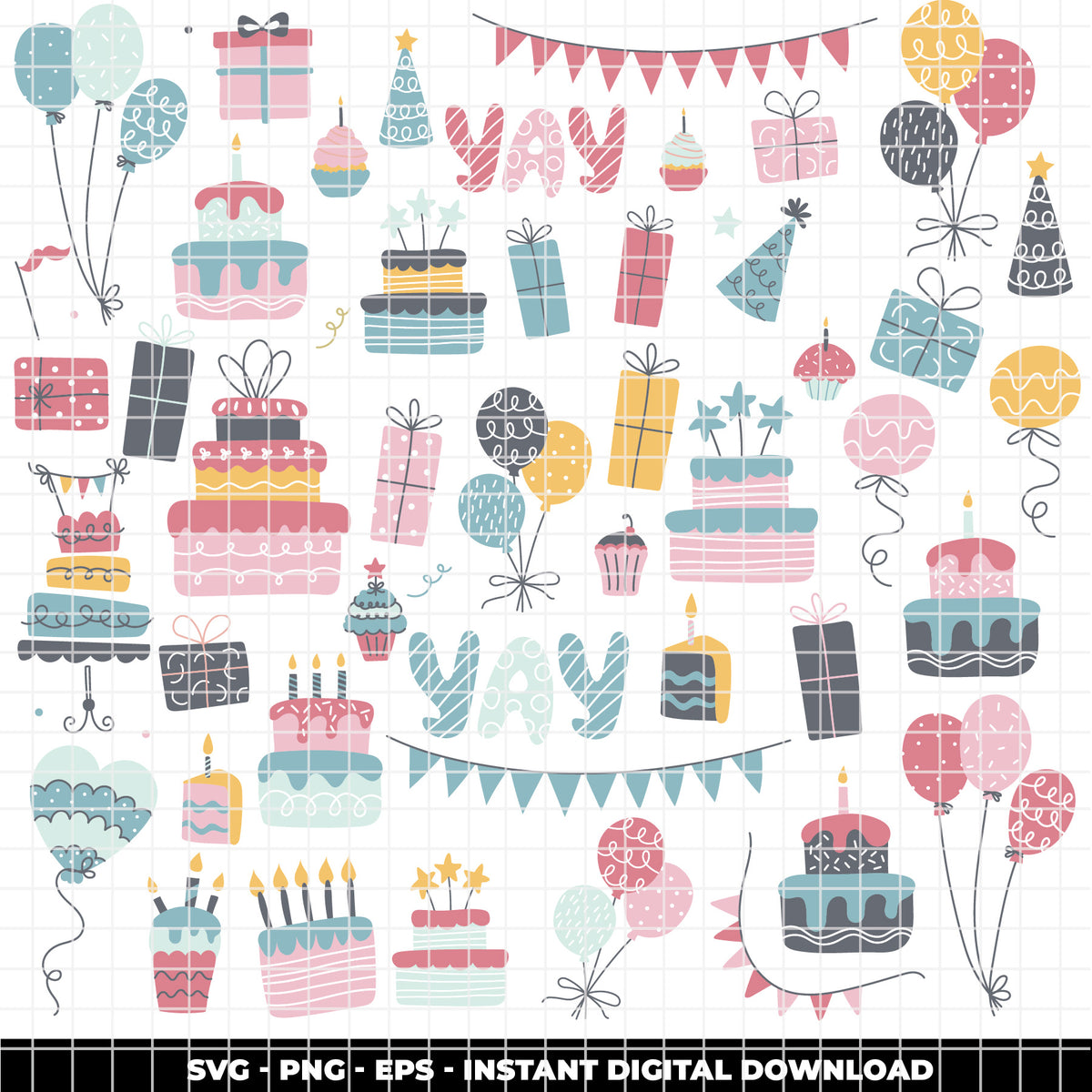 COD6305 - Birthday SVG Bundle PNG EPS, 366 Pastel Party Clipart.