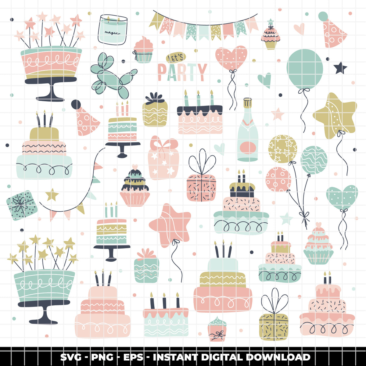 COD6305 - Birthday SVG Bundle PNG EPS, 366 Pastel Party Clipart.
