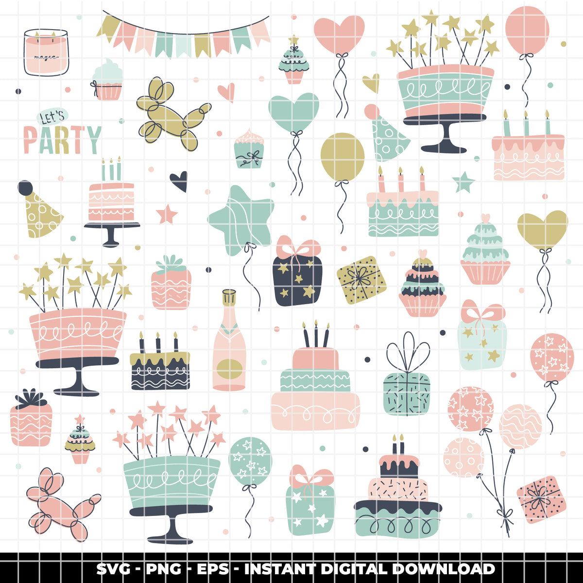 COD6305 - Birthday SVG Bundle PNG EPS, 366 Pastel Party Clipart.