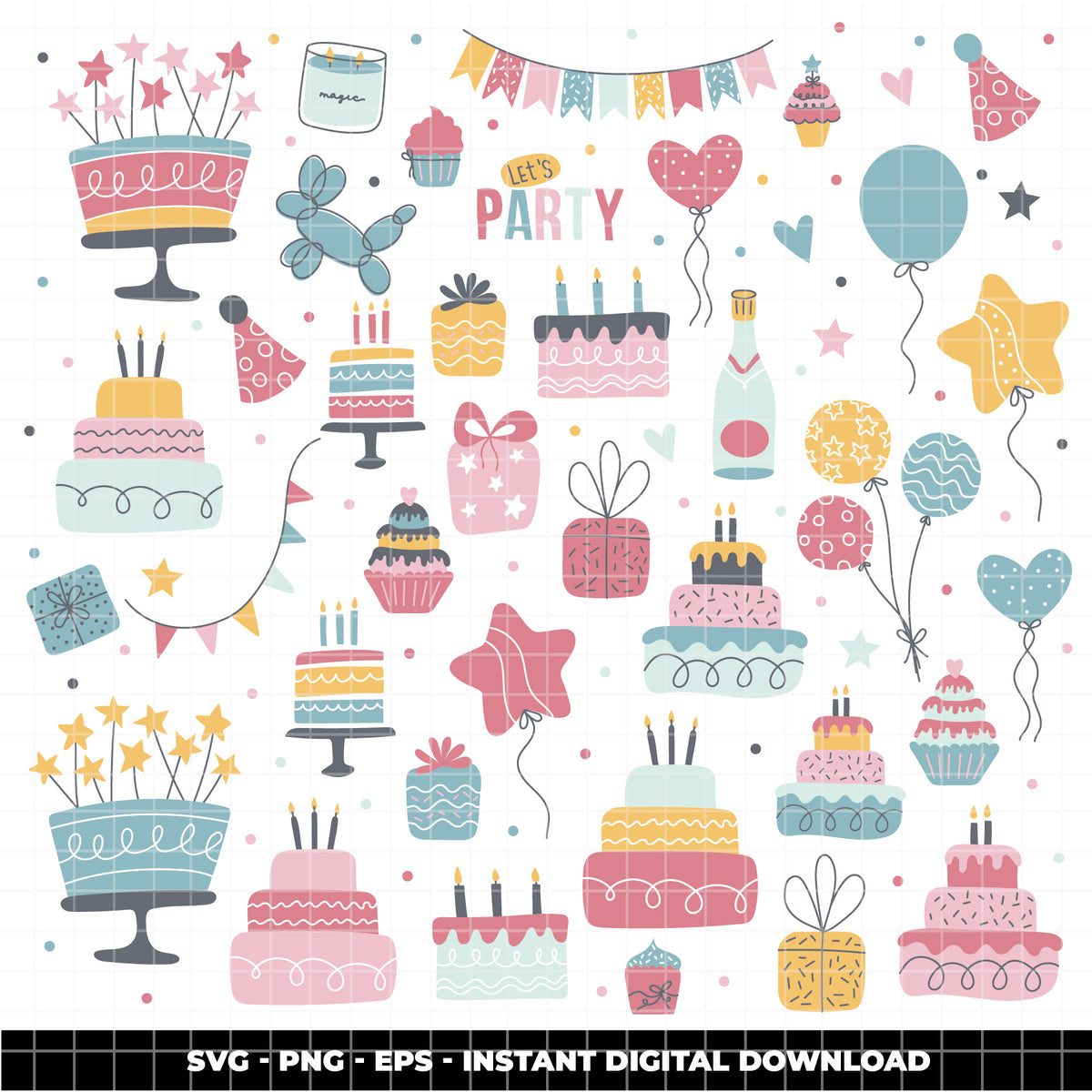 COD6305 - Birthday SVG Bundle PNG EPS, 366 Pastel Party Clipart.