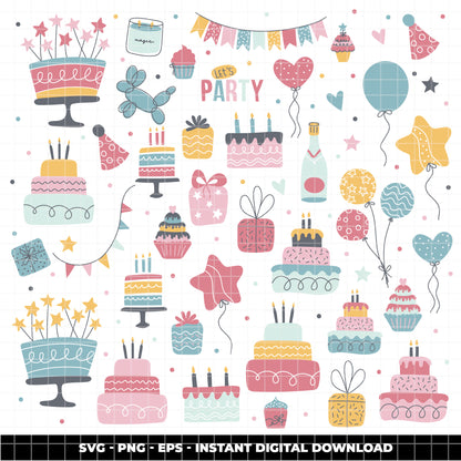 COD6305 - Birthday SVG Bundle PNG EPS, 366 Pastel Party Clipart.