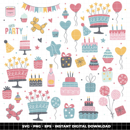 COD6305 - Birthday SVG Bundle PNG EPS, 366 Pastel Party Clipart.
