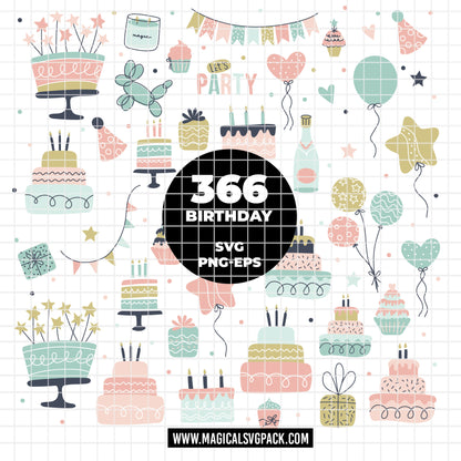 COD6305 - Birthday SVG Bundle PNG EPS, 366 Pastel Party Clipart.