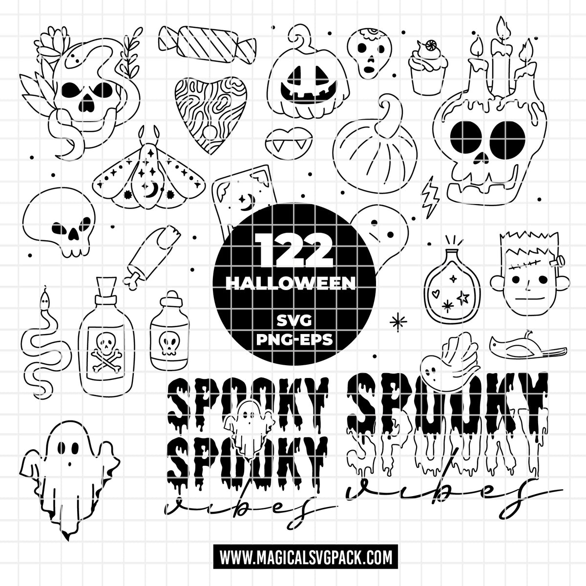 COD6306 - Halloween SVG Bundle PNG EPS, 122 Spooky Clipart.