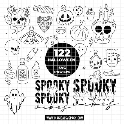 COD6306 - Halloween SVG Bundle PNG EPS, 122 Spooky Clipart.