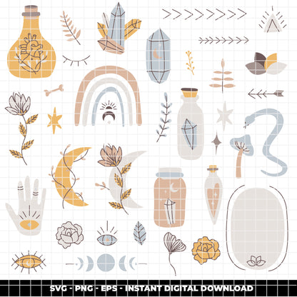 COD6308 - Boho SVG Bundle PNG EPS,205 Mystical Clipart.