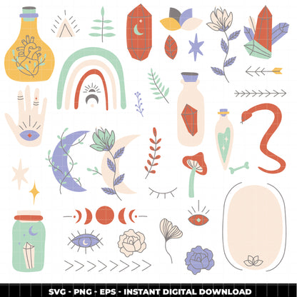COD6308 - Boho SVG Bundle PNG EPS,205 Mystical Clipart.