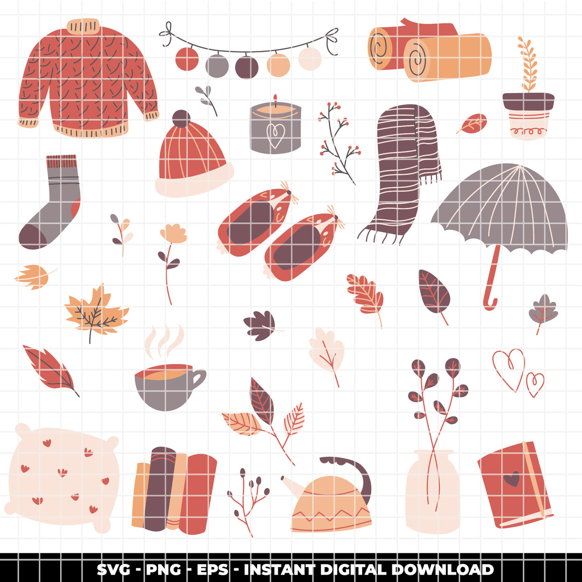 COD6309 - Cozy Doodle SVG PNG Bundle | 257 Fall Autumn Clipart.