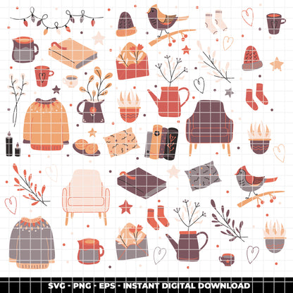 COD6310 - Cozy Home SVG Bundle PNG EPS, 210 Hygge Clipart, Sweater Tea Cup Bird Candle svg, Cozy Season, Home Decor Icons, Instant Download