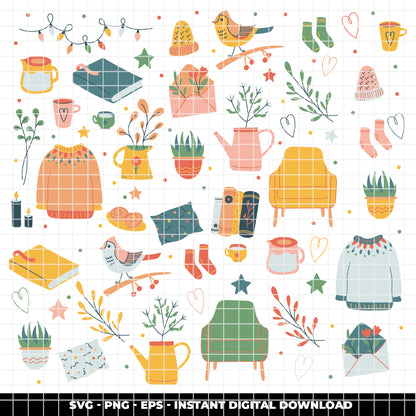COD6310 - Cozy Home SVG Bundle PNG EPS, 210 Hygge Clipart, Sweater Tea Cup Bird Candle svg, Cozy Season, Home Decor Icons, Instant Download