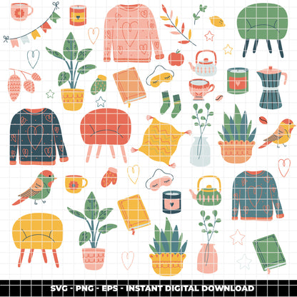 COD6310 - Cozy Home SVG Bundle PNG EPS, 210 Hygge Clipart, Sweater Tea Cup Bird Candle svg, Cozy Season, Home Decor Icons, Instant Download