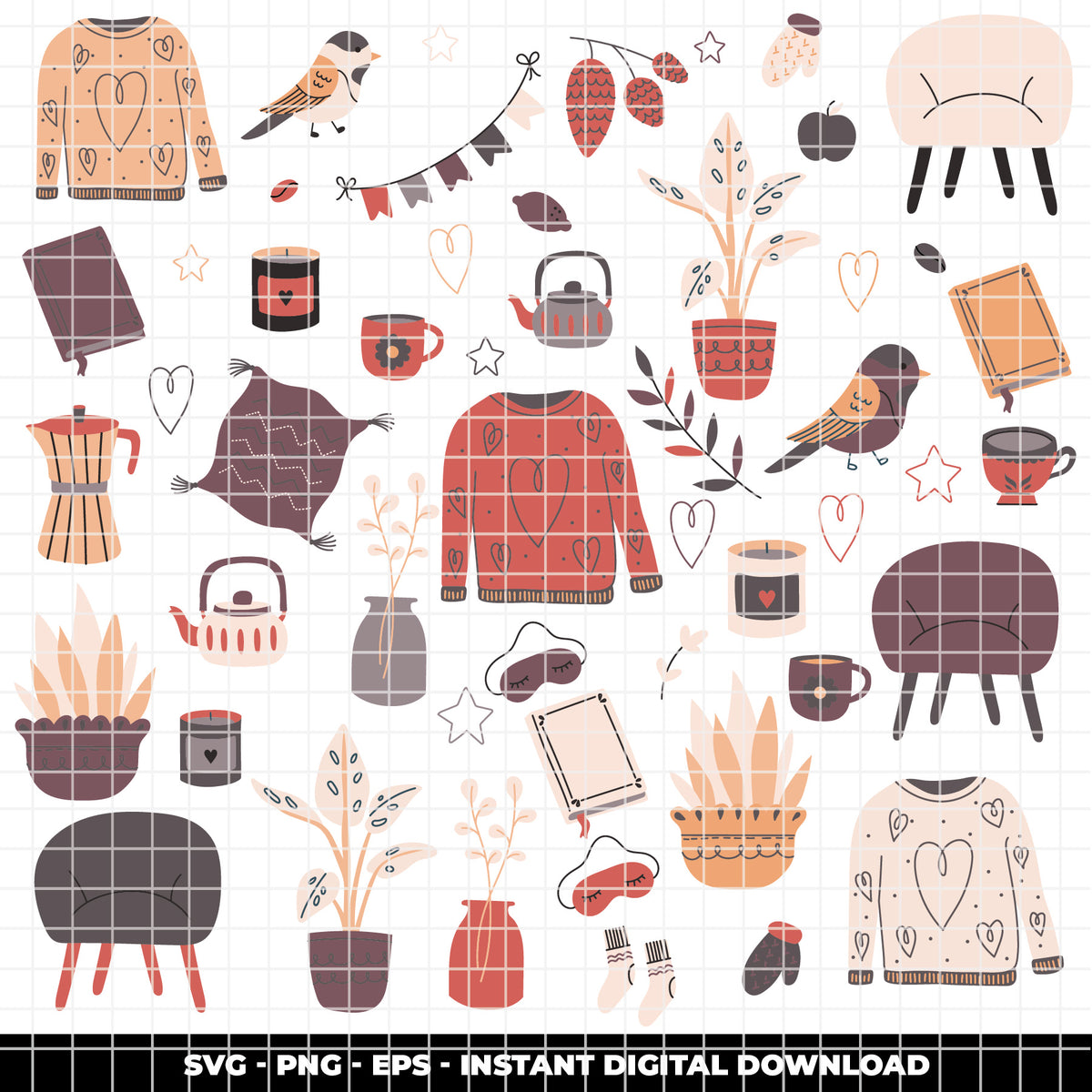 COD6310 - Cozy Home SVG Bundle PNG EPS, 210 Hygge Clipart, Sweater Tea Cup Bird Candle svg, Cozy Season, Home Decor Icons, Instant Download
