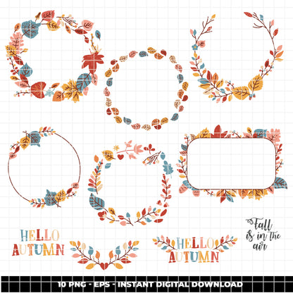COD6311 - Fall Clipart Bundle PNG EPS, 200 Autumn Leaves Wreath Frame, Hello Autumn Botanical, Fall Wreath PNG, Thanksgiving, Instant Download
