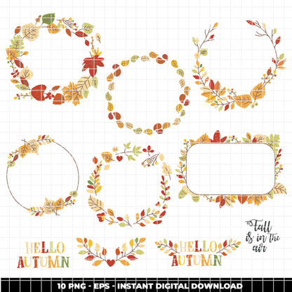COD6311 - Fall Clipart Bundle PNG EPS, 200 Autumn Leaves Wreath Frame, Hello Autumn Botanical, Fall Wreath PNG, Thanksgiving, Instant Download