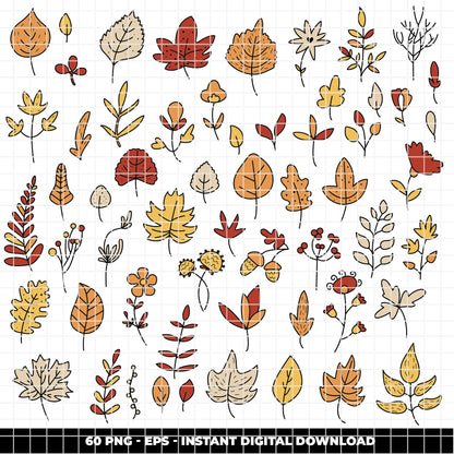 COD6311 - Fall Clipart Bundle PNG EPS, 200 Autumn Leaves Wreath Frame, Hello Autumn Botanical, Fall Wreath PNG, Thanksgiving, Instant Download