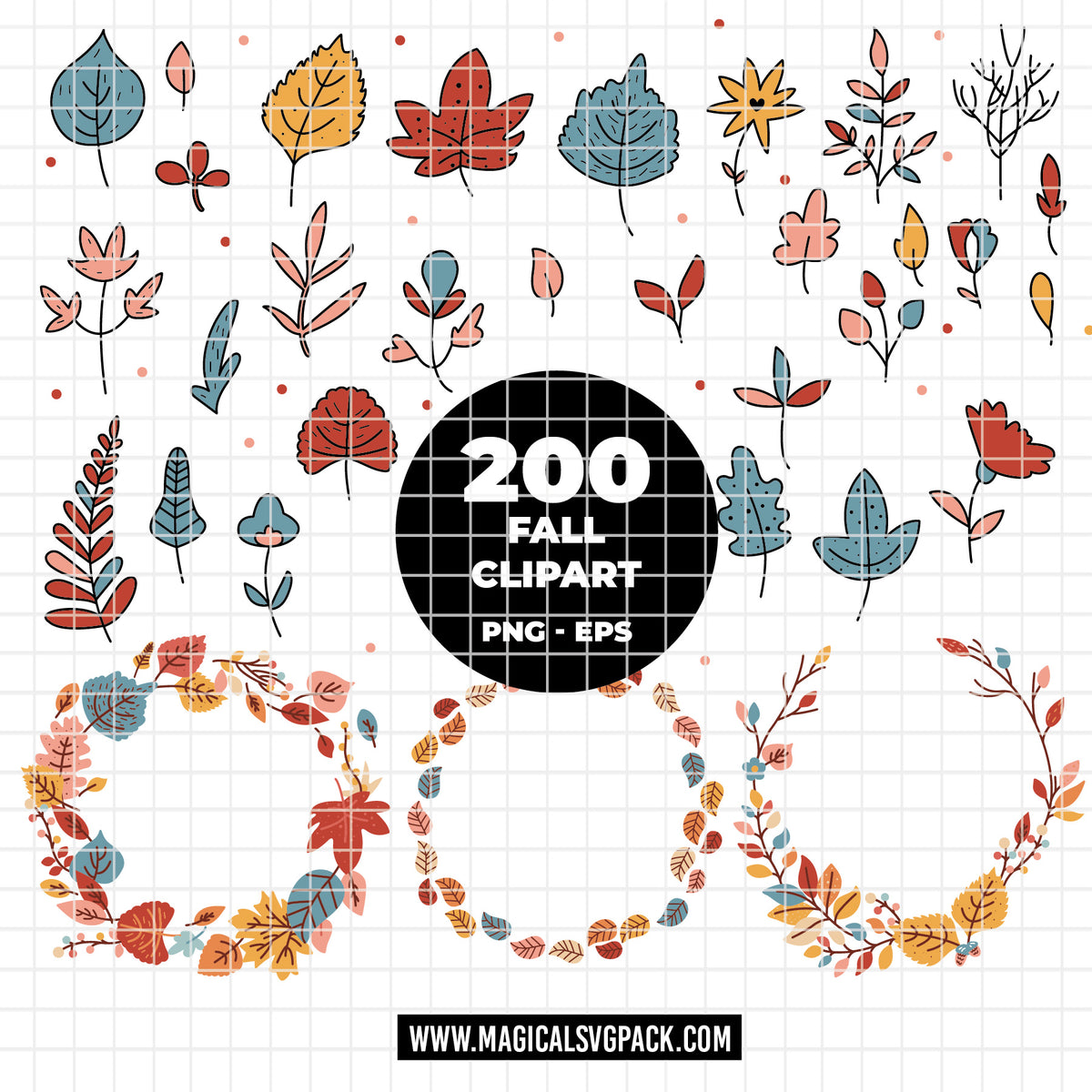COD6311 - Fall Clipart Bundle PNG EPS, 200 Autumn Leaves Wreath Frame, Hello Autumn Botanical, Fall Wreath PNG, Thanksgiving, Instant Download