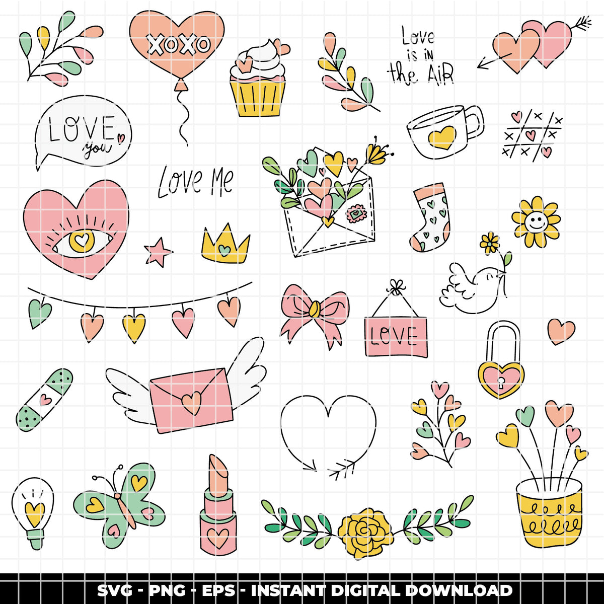 COD6312 - Valentine SVG Bundle PNG EPS, 162 True Love Clipart, Heart xoxo Dove Rose Bow svg, Valentine's Day, Love Icons, Instant Download