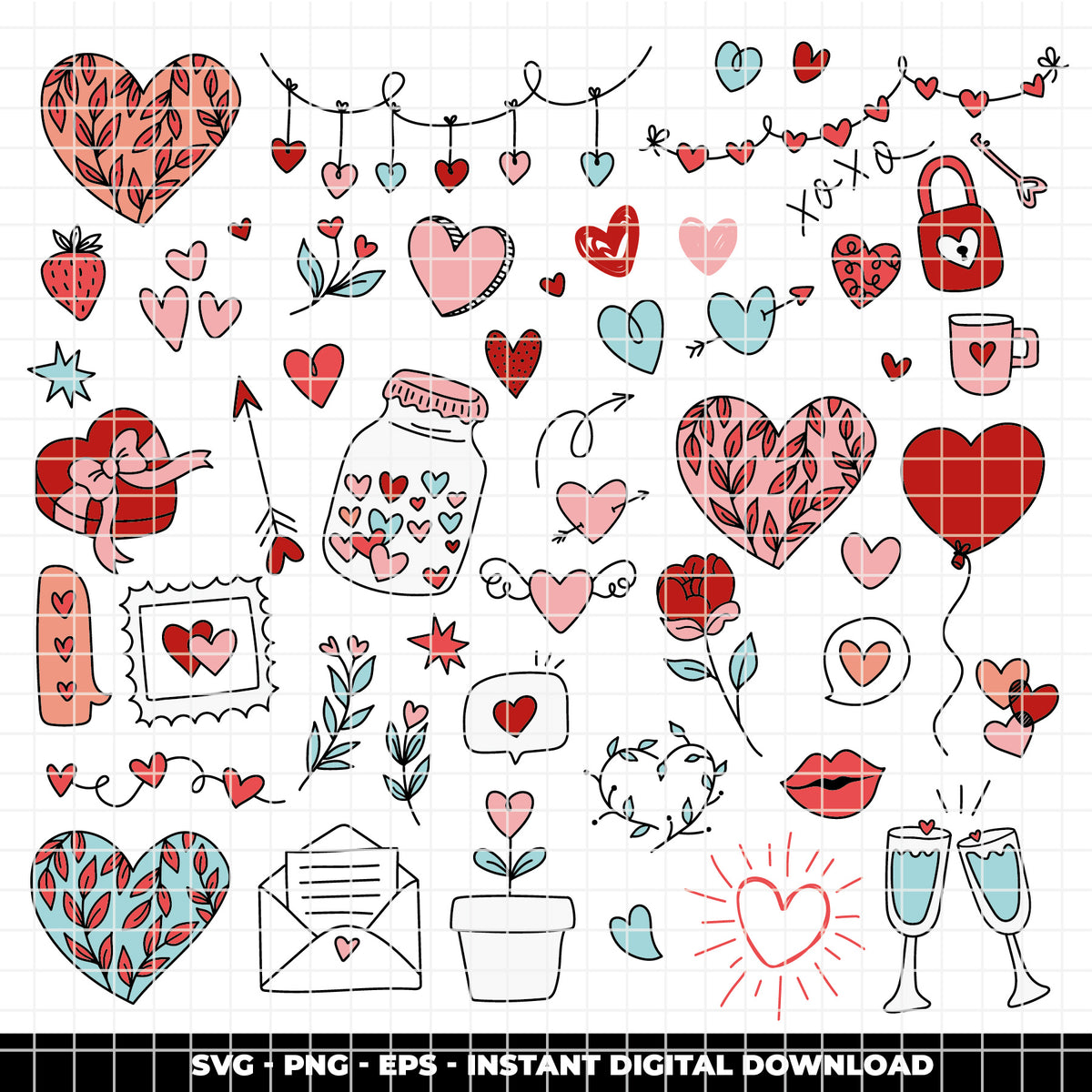 COD6312 - Valentine SVG Bundle PNG EPS, 162 True Love Clipart, Heart xoxo Dove Rose Bow svg, Valentine's Day, Love Icons, Instant Download