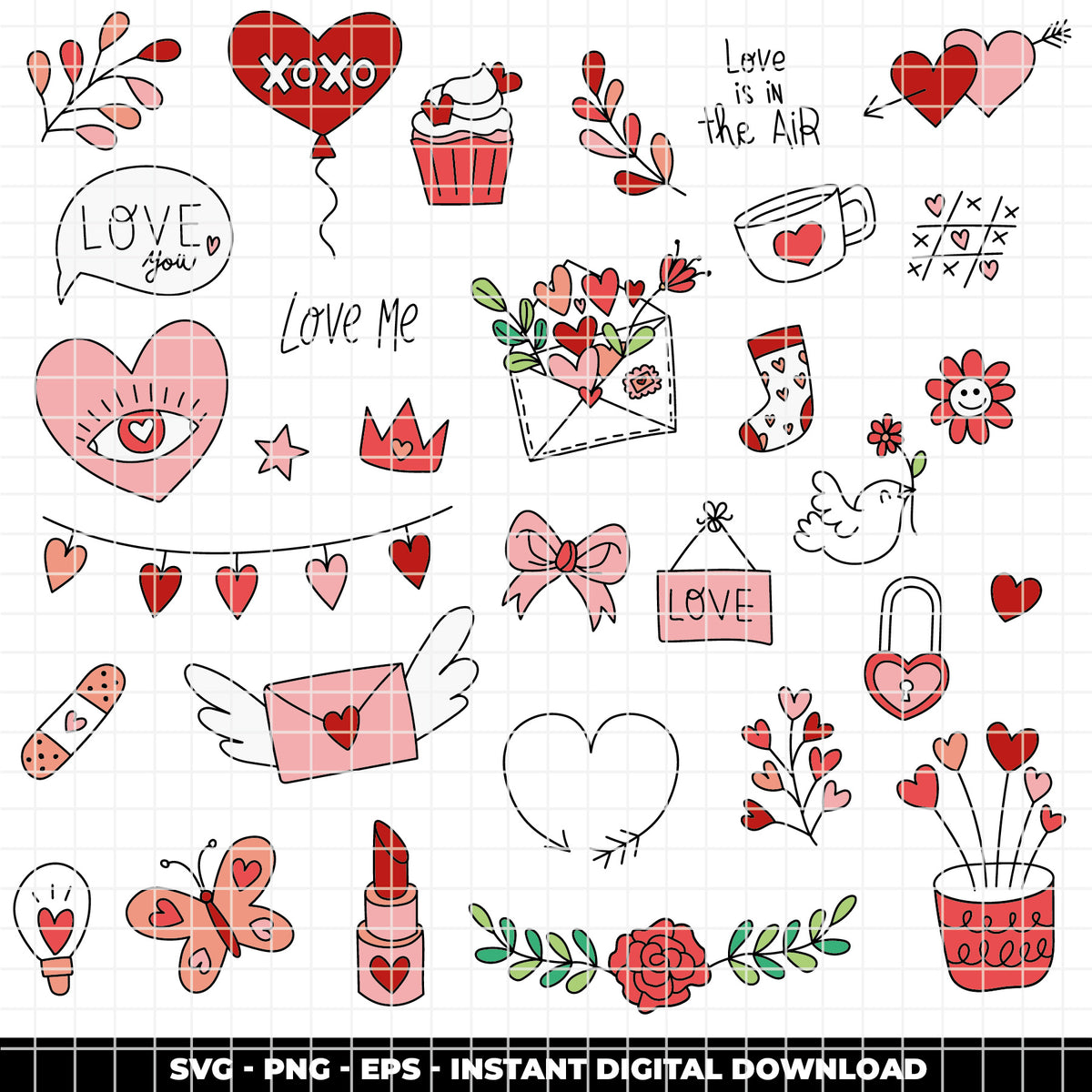 COD6312 - Valentine SVG Bundle PNG EPS, 162 True Love Clipart, Heart xoxo Dove Rose Bow svg, Valentine's Day, Love Icons, Instant Download
