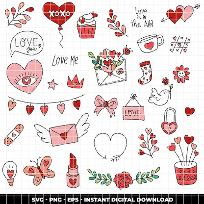 COD6312 - Valentine SVG Bundle PNG EPS, 162 True Love Clipart, Heart xoxo Dove Rose Bow svg, Valentine's Day, Love Icons, Instant Download