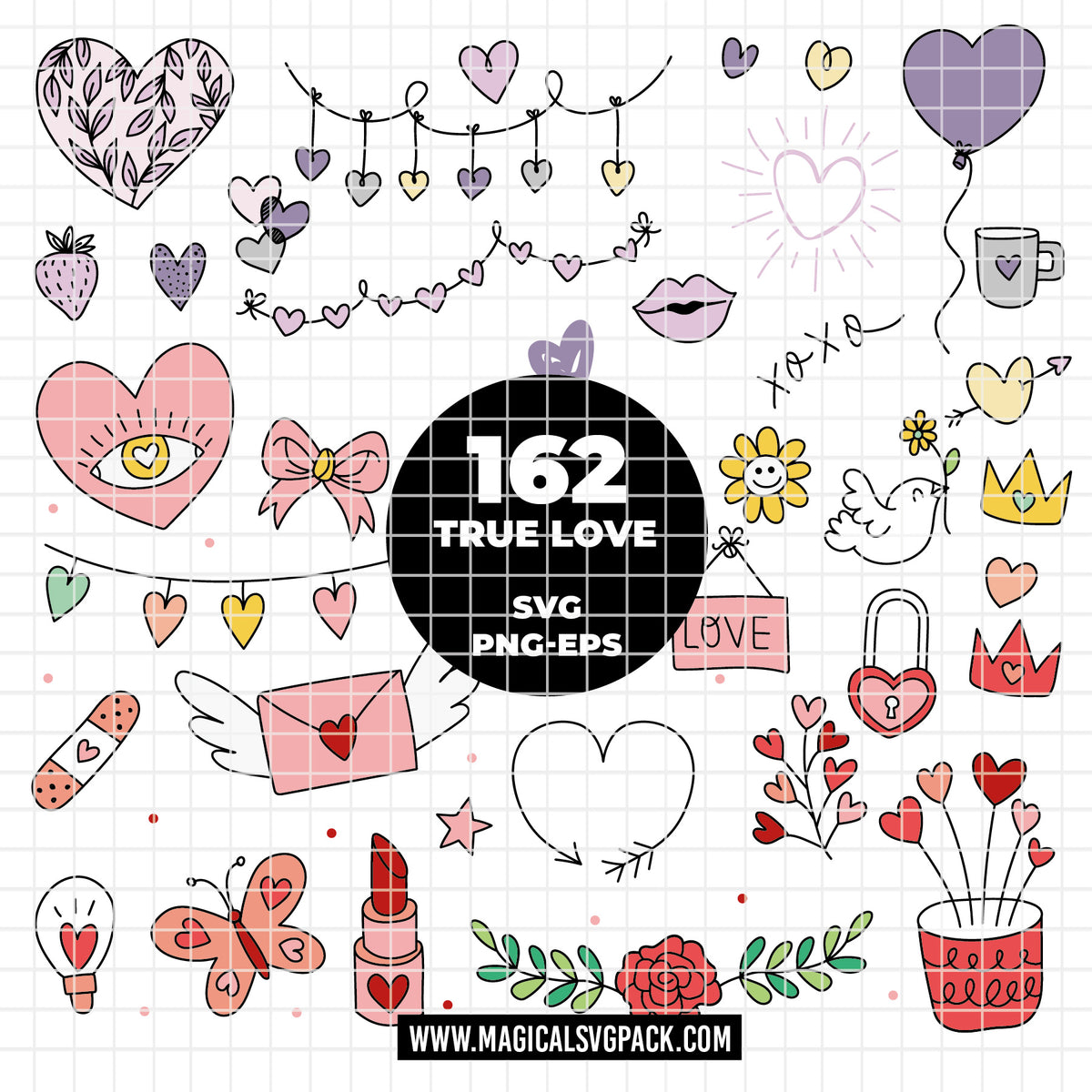 COD6312 - Valentine SVG Bundle PNG EPS, 162 True Love Clipart, Heart xoxo Dove Rose Bow svg, Valentine's Day, Love Icons, Instant Download