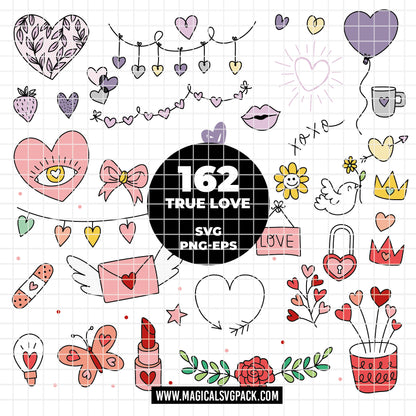 COD6312 - Valentine SVG Bundle PNG EPS, 162 True Love Clipart, Heart xoxo Dove Rose Bow svg, Valentine's Day, Love Icons, Instant Download