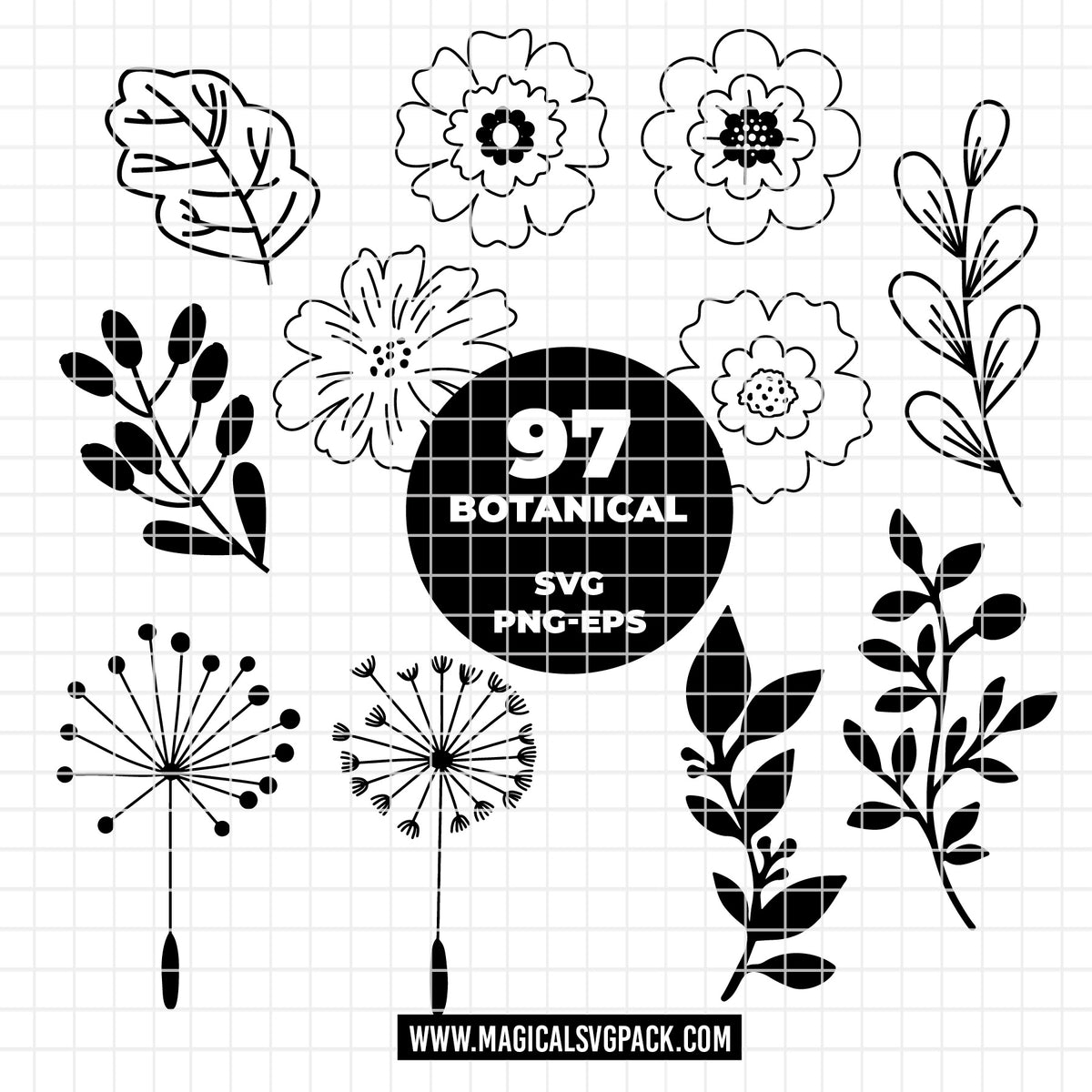 COD6313 - Botanical SVG Bundle PNG EPS, 97 Flower Leaf Dandelion Clipart, Floral Line Art svg, Wildflower Leaves, Garden, Instant Download