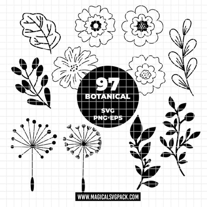 COD6313 - Botanical SVG Bundle PNG EPS, 97 Flower Leaf Dandelion Clipart, Floral Line Art svg, Wildflower Leaves, Garden, Instant Download