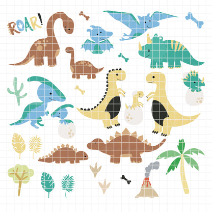 COD6314 - Dinosaur Bundle PNG EPS, 154 Cute Dino Clipart, T-Rex Triceratops Stegosaurus