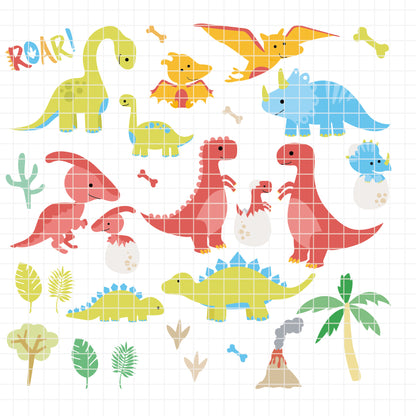 COD6314 - Dinosaur Bundle PNG EPS, 154 Cute Dino Clipart, T-Rex Triceratops Stegosaurus