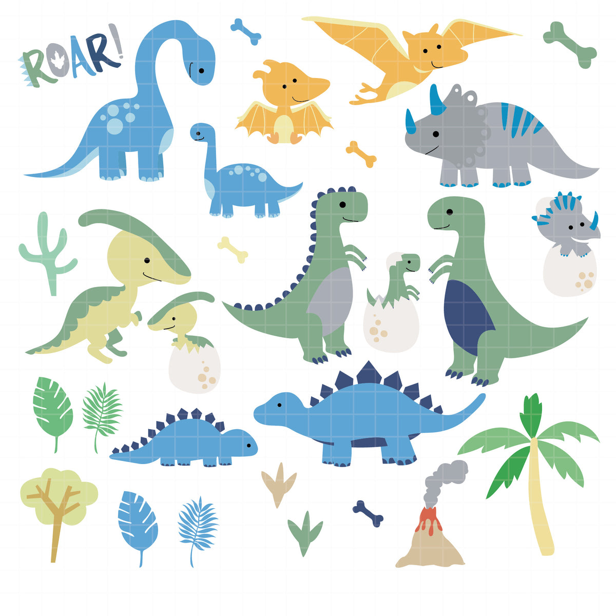 COD6314 - Dinosaur Bundle PNG EPS, 154 Cute Dino Clipart, T-Rex Triceratops Stegosaurus