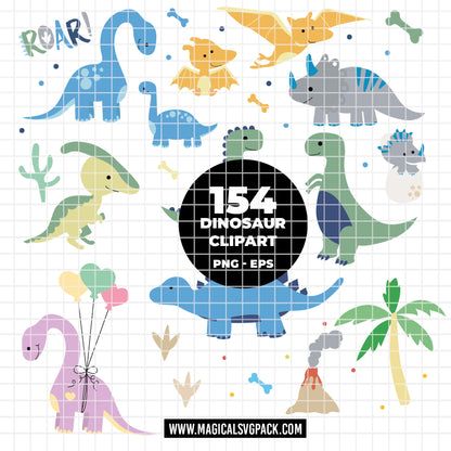 COD6314 - Dinosaur Bundle PNG EPS, 154 Cute Dino Clipart, T-Rex Triceratops Stegosaurus