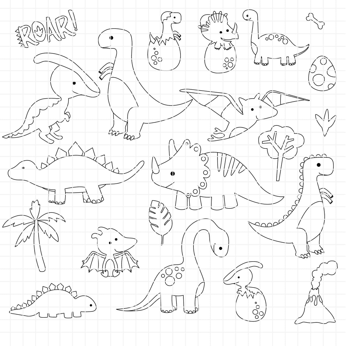 COD6315 - Dinosaur Bundle PNG EPS, 33 Line Art Silhouette Dino Clipart, T-Rex Head svg, Triceratops Stegosaurus, Boy Kids