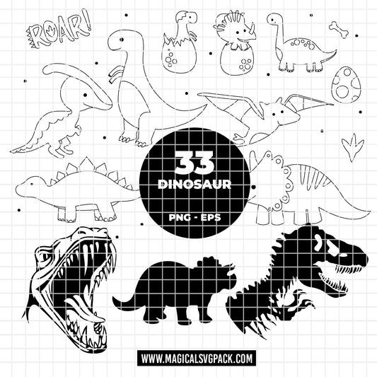 COD6315 - Dinosaur Bundle PNG EPS, 33 Line Art Silhouette Dino Clipart, T-Rex Head svg, Triceratops Stegosaurus, Boy Kids