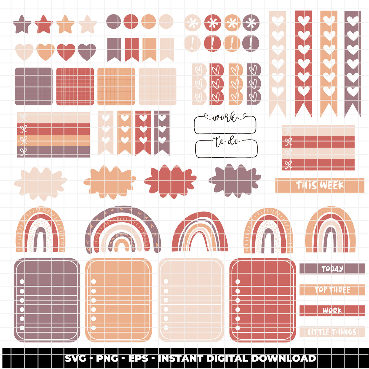 COD6316 -Bullet Journal SVG Bundle PNG EPS, 266 Planner Sticker Clipart, Floral Frame svg, Boho Rainbow Days Week, Journaling