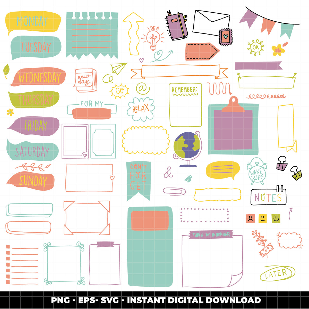 COD6316 -Bullet Journal SVG Bundle PNG EPS, 266 Planner Sticker Clipart, Floral Frame svg, Boho Rainbow Days Week, Journaling