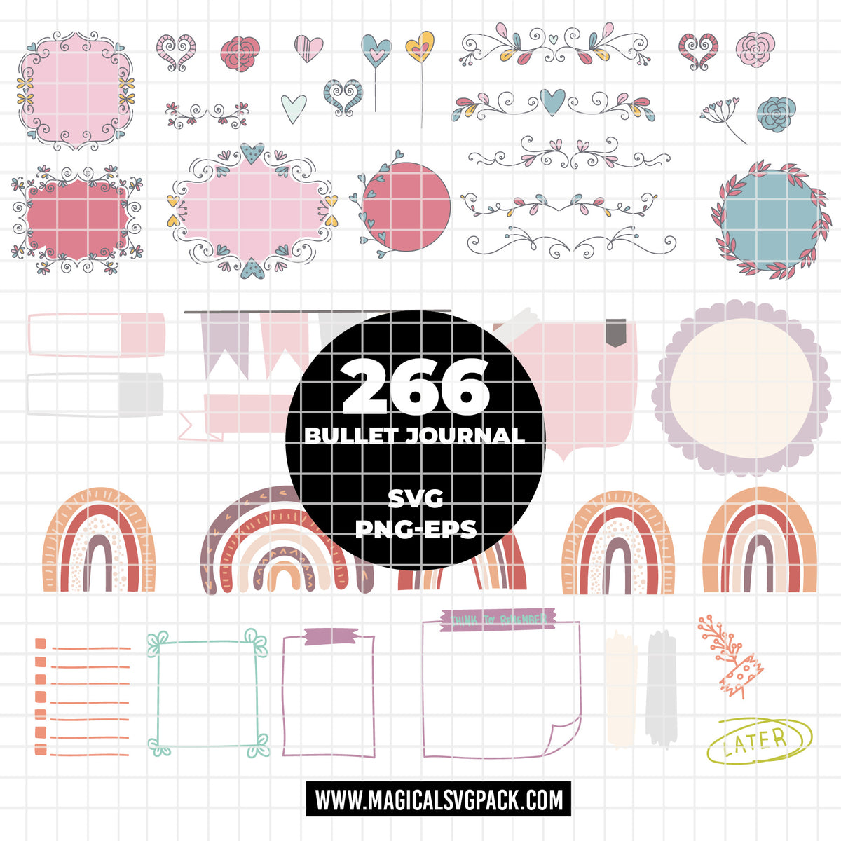 COD6316 -Bullet Journal SVG Bundle PNG EPS, 266 Planner Sticker Clipart, Floral Frame svg, Boho Rainbow Days Week, Journaling