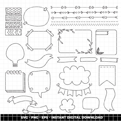 COD6319 - Planner Notes SVG Bundle PNG EPS, 114 Doodle Line Art Clipart, Journal Frame Banner svg, Hand Drawn Sticker