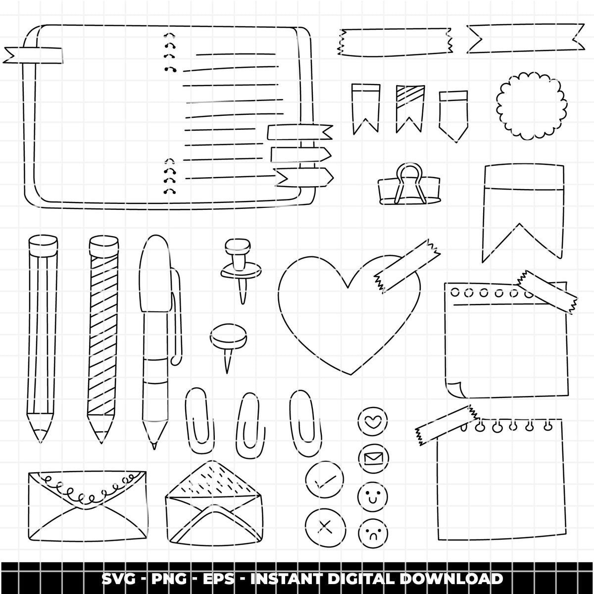 COD6319 - Planner Notes SVG Bundle PNG EPS, 114 Doodle Line Art Clipart, Journal Frame Banner svg, Hand Drawn Sticker