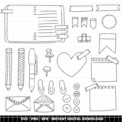 COD6319 - Planner Notes SVG Bundle PNG EPS, 114 Doodle Line Art Clipart, Journal Frame Banner svg, Hand Drawn Sticker